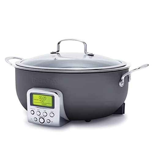 GreenPan Elite Essential Smart Electric 6QT Skillet Pot, Presets to Sear Saute Stir-Fry and Cook Rice, Healthy Ceramic Nonstick and Dishwasher Safe Parts, Easy-to-use LED Display, Graphite