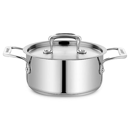 Stainless Steel Stockpot with Lid 2 Quart, Durable 18/8 Stainless Steel, Impact-Bonded Base for Even Heating, Riveted Handles, Oven & All Stove Compatible, Safe Up To 500°F (260°C)