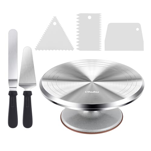 Cake Turntable, Ohuhu Aluminium 12'' Cake Decorating Kit Supplies Rotating Stand Revolving Spinner with 2 Icing Spatula 3 Comb Smoother