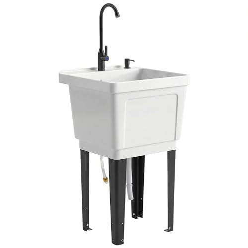 Outsunny 23-Gallon Utility Sink Laundry Tub for Washing Room, Freestanding Laundry Sink with Soap Dispenser, Faucet, Inlet and Drain Hoses, Portable Utility Tub for Indoor & Outdoor, White