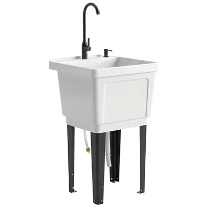 Outsunny 23-Gallon Utility Sink Laundry Tub for Washing Room, Freestanding Laundry Sink with Soap Dispenser, Faucet, Inlet and Drain Hoses, Portable Utility Tub for Indoor & Outdoor, White