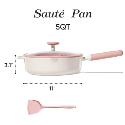 CAROTE 11 Inch Nonstick Deep Frying Pan with Lid, 5 Qt Chef Saute Pan with Pour Spout, Skillet Induction Cookware, Non Stick Cooking Pan Kitchen Pan, Healthy & PFOA/PFAS Free, Includes Spatula, Pink