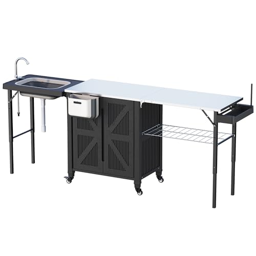 3-in-1 Outdoor Grill Cart with Sink & Faucet, Stainless Steel Top Outdoor Kitchen Island, Prep Table with Foldable Side Table, Storage Cabinet, Rolling Grill Station with Wheels for Patio, Backyard