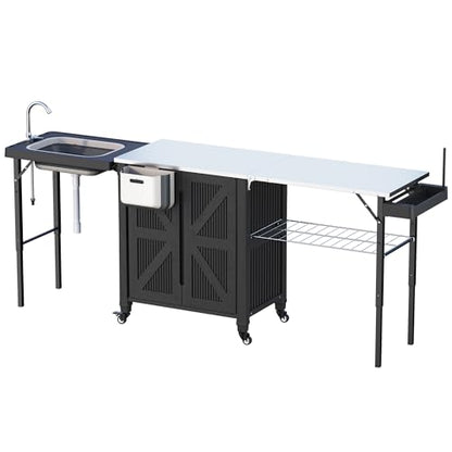 3-in-1 Outdoor Grill Cart with Sink & Faucet, Stainless Steel Top Outdoor Kitchen Island, Prep Table with Foldable Side Table, Storage Cabinet, Rolling Grill Station with Wheels for Patio, Backyard
