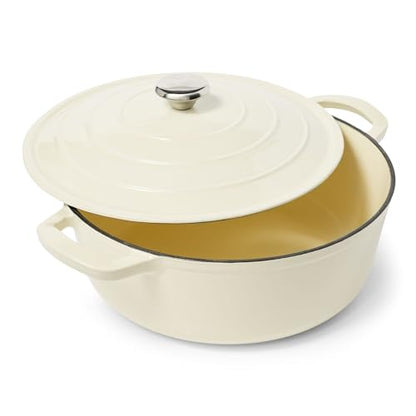 Sur La Table 7-Qt Enameled Cast Iron Dutch Oven – With Lid for Braising, Baking & Deep Frying, Induction Compatible, Oven to 500°F, Seals in Moisture for Flavorful Results, Almond