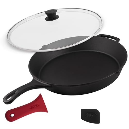Cuisinel 15" Cast Iron Skillet + Glass Lid Cover + Pan Scraper + Heat-Resistant Silicone Handle Grip - Pre-seasoned Oven-Safe Kitchen Cookware - Indoor/Outdoor - Camping, Grilling, BBQ, Oven Safe