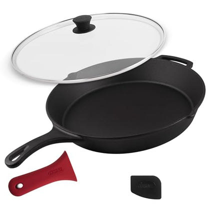 Cuisinel 15" Cast Iron Skillet + Glass Lid Cover + Pan Scraper + Heat-Resistant Silicone Handle Grip - Pre-seasoned Oven-Safe Kitchen Cookware - Indoor/Outdoor - Camping, Grilling, BBQ, Oven Safe