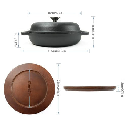 HAWOK Pre-seasoned Cast Iron Braiser with Lid and Underliner, Dia.6.3", 0.57QT, Cast Iron Casserole Pan, 3-Piece, Black