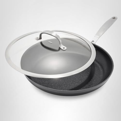 OXO Enhanced 12” Nonstick Frying Pan Skillet with Lid, Ceramic PFAS-Free Cookware, Durable Hard Anodized, Scratch Resistant, Stainless Steel Handle, Eggs & Omelets, Dishwasher & Oven Safe, Black