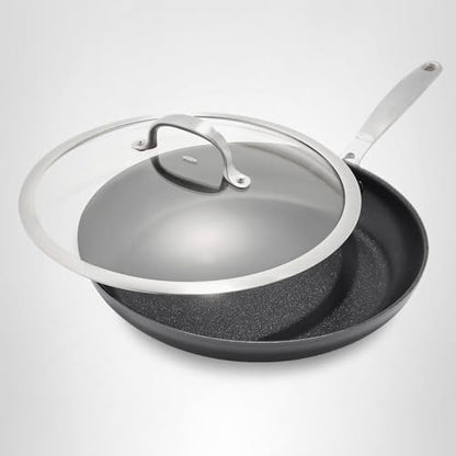 OXO Enhanced 12” Nonstick Frying Pan Skillet with Lid, Ceramic PFAS-Free Cookware, Durable Hard Anodized, Scratch Resistant, Stainless Steel Handle, Eggs & Omelets, Dishwasher & Oven Safe, Black