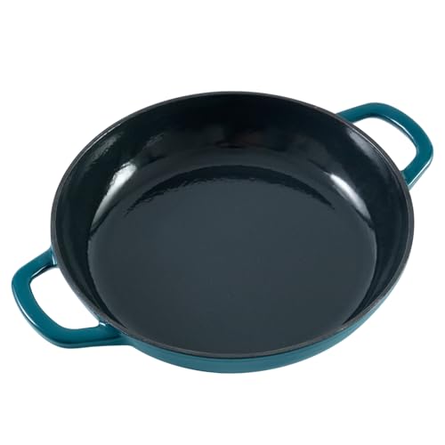 Flavehc Braiser Enameled Cast Iron Braiser 3 qt Braiser Pan with Lid DarkCyan Shallow Cast Iron Casserole Braiser Pan with Handels