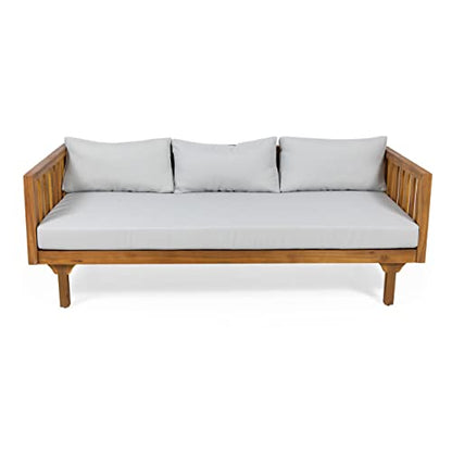 Christopher Knight Home Tina Outdoor 3 Seater Acacia Wood Daybed, Teak Finish, Light Grey