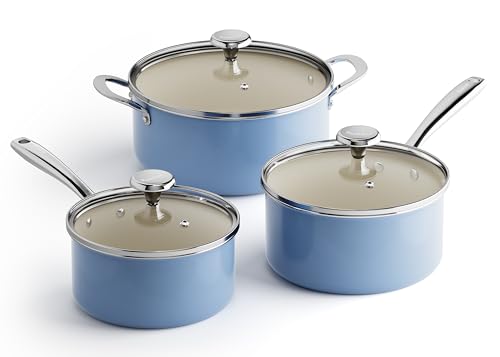 Redchef Ceramic Stock Pots Set 5QT, Sauce Pan with Lids(2.5QT/3.5QT), Induction Cooking Pot Set,Ceramic Pots with Stay Cool Handle, Nonstick Cookware Set, PTFE/PFASFree, Dishwasher/Oven Safe (Blue)