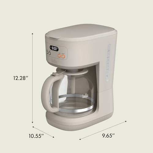 BELLA 12 Cup Programmable Coffee Maker, Reusable Dishwasher Safe Accessories, Easy LCD display, Auto Shutoff, 900 watt, Oatmilk