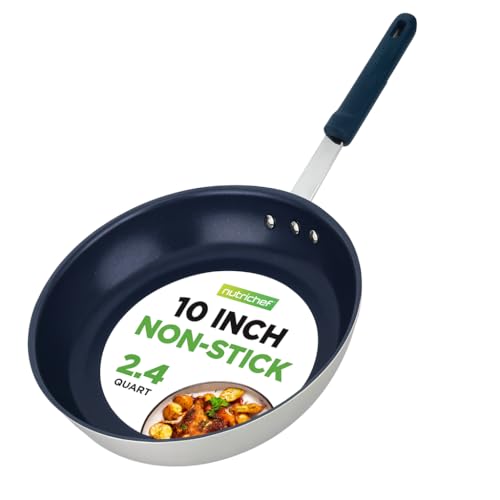 NutriChef 10 Inch Non Stick Ceramic Coated Frying Pan, Aluminum Frying Pan with Silicone Handle, Stain-Resistant, PFOA Free – Compatible with Gas, Electric, Induction, and Ceramic Cooktops