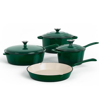 DishDelight Enameled Cast Iron Pots and Pans Set, 7 Piece Dutch Oven Set with Lids, Enamel Coated Non Toxic Cookware, PFOA&PFAS Free, Emerald