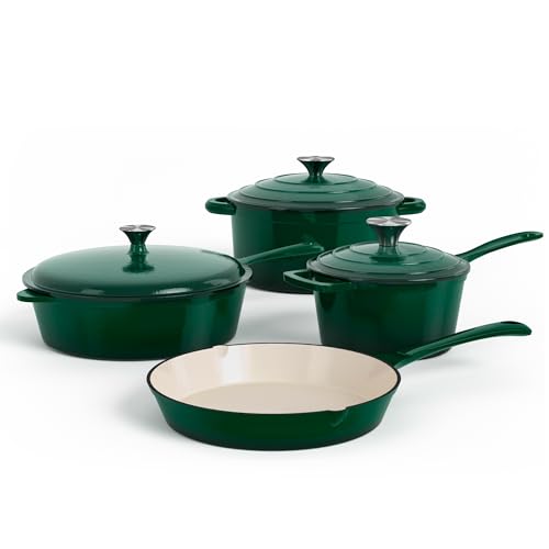 DishDelight Enameled Cast Iron Pots and Pans Set, 7 Piece Dutch Oven Set with Lids, Enamel Coated Non Toxic Cookware, PFOA&PFAS Free, Emerald