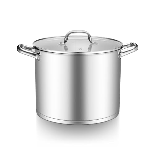 TeamFar Stainless Steel Stock Pot, 14QT Tri-ply Bottom Stockpot Large Cooking Soup Pot with Lid, for Induction Gas Electric Glass Tops, Non Toxic & Sturdy, Straight Sidewall & Various Stovetops Safe