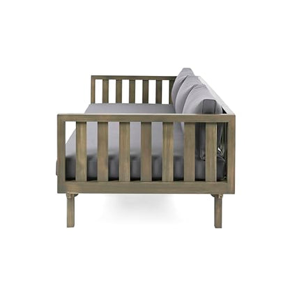 Christopher Knight Home Claremont Outdoor 3 Seater Acacia Wood Daybed with Fabric Water Resistant and Removable Cushions, Patio Garden Sofa with Slat Paneling Armrest and Back, Grey and Dark Grey