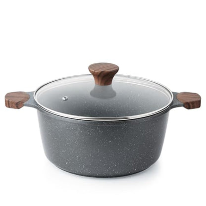 SENSARTE Nonstick Stock Pot with Lid, 4.5 Quart Induction Cooking Pot with Tempered Glass Lid, Stew Pot with Swiss Nonstick Granite Coating, PFOA PFOS APEO Free, Gray