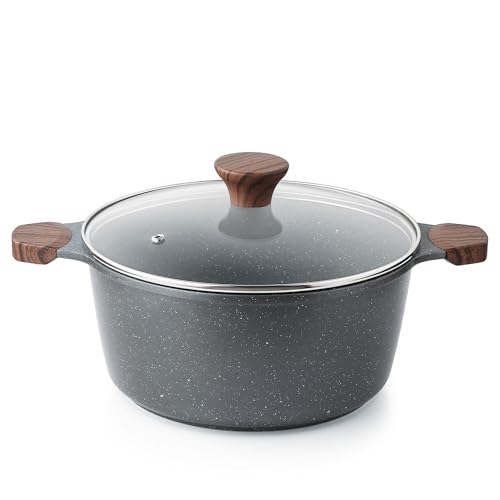 SENSARTE Nonstick Stock Pot with Lid, 4.5 Quart Induction Cooking Pot with Tempered Glass Lid, Stew Pot with Swiss Nonstick Granite Coating, PFOA PFOS APEO Free, Gray