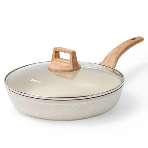 CAROTE 12 Inch Non Stick Frying Pan with Lid,White Granite Nonstick Skillet Omelet Pans, Egg Pan Granite Cookware, PFOS & PFOA Free
