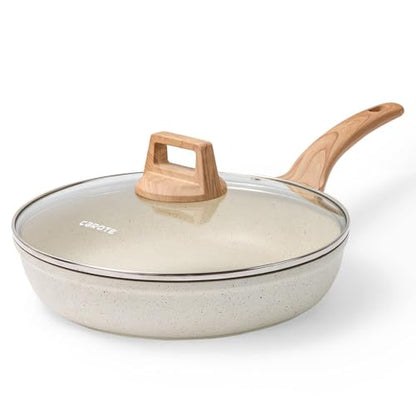 CAROTE 12 Inch Non Stick Frying Pan with Lid,White Granite Nonstick Skillet Omelet Pans, Egg Pan Granite Cookware, PFOS & PFOA Free