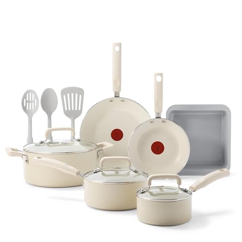 T-fal Signature Nonstick 12 Piece Cookware Set, Oven Safe Up to 350°F, Dishwasher Safe, Pots and Pans Set, Includes Frying Pans, Saucepan, Stockpot, Cooking Utensils, Cream
