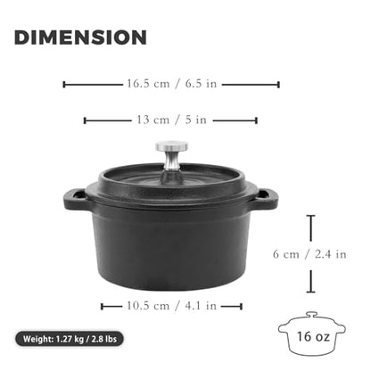 Flavehc Mini Cocotte 16 oz Pre-Seasoned Mini Dutch Oven 0.5 qt. Cast Iron Garlic Roaster for Oven Garlic Confit Pot Ramekins with Lids Oven Safe Set of 2