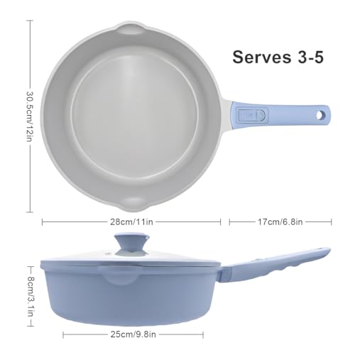 AIKENBBKK Ceramic Frying Pan Skillet with Lid, 12 inch Nonstick Deep Frying Pan for Cooking, 5 QT Large Saute Pan with Detachable Handle, Induction Ready, PTFE & PFAS-Free, Oven Safe, Blue