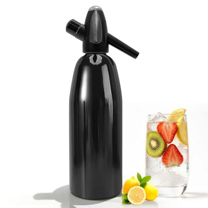 Soda Siphon, 1L Portable Seltzer Maker - Retro-Style Sparkling Water Machine for Homemade Carbonated Drinks, Juices & Cocktails, Uses 8g CO2 Cartridges (Cartridges Not Included) - Black