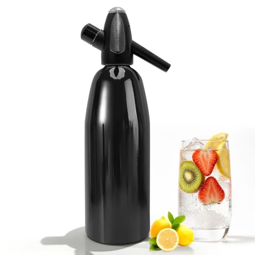 Soda Siphon, 1L Portable Seltzer Maker - Retro-Style Sparkling Water Machine for Homemade Carbonated Drinks, Juices & Cocktails, Uses 8g CO2 Cartridges (Cartridges Not Included) - Black