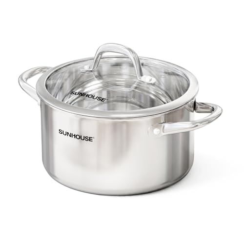 SUNHOUSE Whole-Clad 12-Quart Stainless Steel Stock Pot with Lid - Professional Whole Body Clad Stock Pot - Induction Ready, Oven Safe Dishwasher Safe Cooking Pot