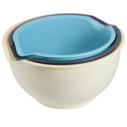ATRDTO 3pcs Mixing Bowls with Pour Spout-Nesting Design Saves Space - Non-Slip, BPA Free, Dishwasher Safe Plastic - Kitchen Cooking and Baking Supplies (White)