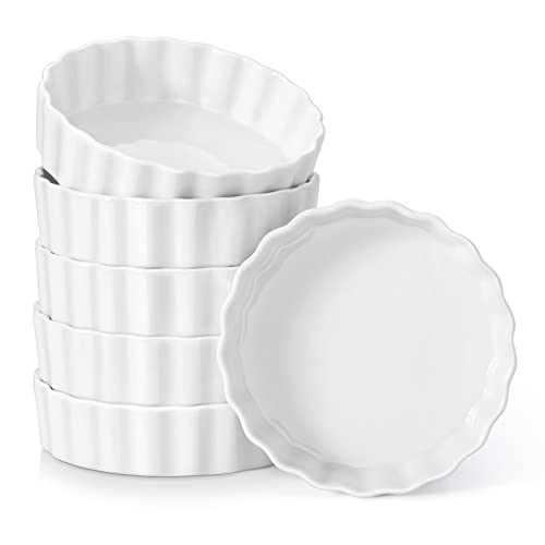 LOVECASA Porcelain Ramekins 8 Oz Oven Safe Set of 6 - Shallow Creme Brulee Dishes for Baking, Soufflés, Custards, Fluted Quiche Pans, Chip-Resistant & Stackable, White