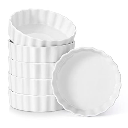 LOVECASA Porcelain Ramekins 8 Oz Oven Safe Set of 6 - Shallow Creme Brulee Dishes for Baking, Soufflés, Custards, Fluted Quiche Pans, Chip-Resistant & Stackable, White
