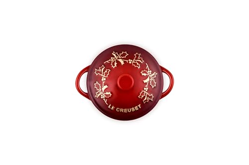 Le Creuset Stoneware Holly Collection Mini Round Cocotte, 8 oz., Cerise with Gold Applique