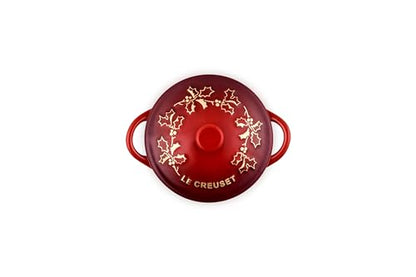Le Creuset Stoneware Holly Collection Mini Round Cocotte, 8 oz., Cerise with Gold Applique