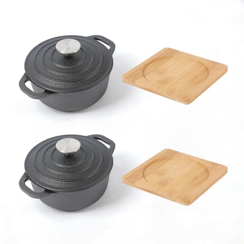 HAWOK Cast Iron Mini Dutch Oven, Dia5.51”, 23oz, with Bamboo Tray, Set of 2, Pre-seasoned