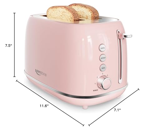 2 Slice Toaster Retro Stainless Steel with Bagel, Cancel, Defrost Function and 6 Bread Shade Settings Bread Toaster, Extra Wide Slot and Removable Crumb Tray (Pink)