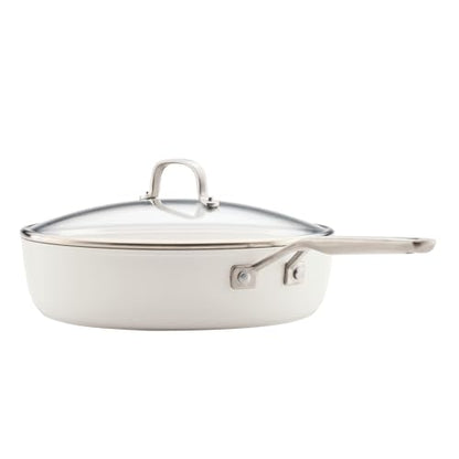 KitchenAid Hard Anodized Ceramic Induction Nonstick Cookware Saute Pan/Jumbo Cooker with Lid and Helper Handle, Dishwasher Safe, 5 Quart Sauteuse with Stainless Steel Handles - Porcelain White