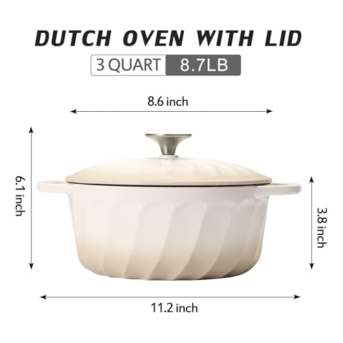 Enameled Cast Iron Dutch Oven with Lid, 3 QT Cast Iron Dutch Oven Pot, Heavy Duty Cast Iron Pot for Bread Baking, Cook, Bake, Oven Safe across All Cooktops (White,3 QT)