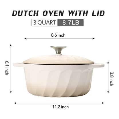 Enameled Cast Iron Dutch Oven with Lid, 3 QT Cast Iron Dutch Oven Pot, Heavy Duty Cast Iron Pot for Bread Baking, Cook, Bake, Oven Safe across All Cooktops (White,3 QT)