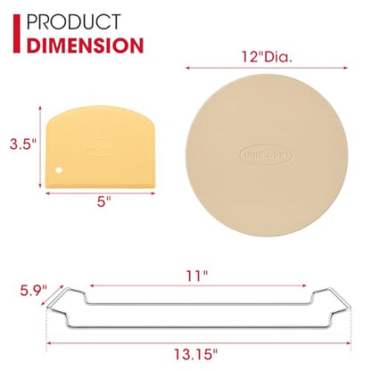 Unicook 12 Inch Round Pizza Stone for Oven and Grill, Cordierite Bread Baking Stone, Baking Crispy Pizzas, Bread and Cookies, Includes Carry Rack and Dough Scraper