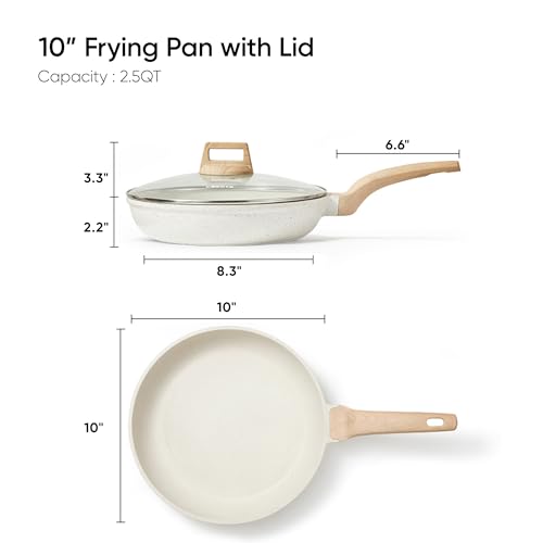 CAROTE Non Stick Frying Pan Skillet,10" Nonstick Fry Pan with Glass Lid, Egg Pan Omelet Pans, Granite Cookware PFOA Free White Granite, 10-Inch