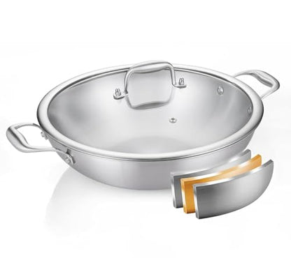 DELARLO Tri-Ply Stainless Steel Flat Bottom Wok, 13 Inch Braiser Pan with Lid, Durable Large Frying pan, Fast Even Heat Saute Pan, Non Toxic Pan for Cooking, Oven Broiler Safe 600F(Not lids)