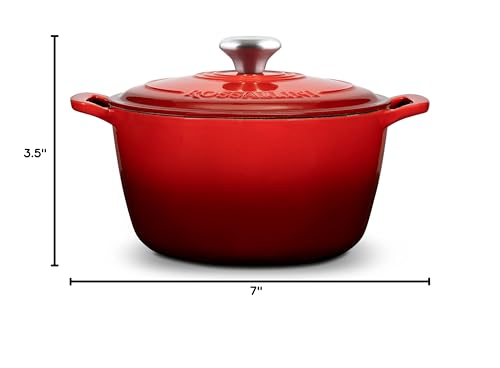 ROSSALLINI Signature Enameled Cast Iron Dutch Oven, Non-Stick Serving Pot with Tight Fitting Lid for Perfect Roasting, Baking, Sauteing, and Bread Making | 2Q (1.9L) - Red