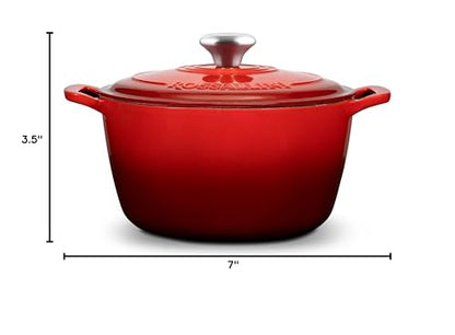 ROSSALLINI Signature Enameled Cast Iron Dutch Oven, Non-Stick Serving Pot with Tight Fitting Lid for Perfect Roasting, Baking, Sauteing, and Bread Making | 2Q (1.9L) - Red