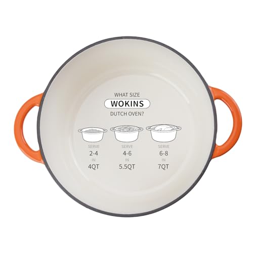 WOKINS Enameled Cast Iron Dutch Oven - 7QT Pot with Lid,Oven Safe to 500°F,Heavy-Duty Cookware for Sourdough Bread Baking,Braising,Stews,Roasting Orange