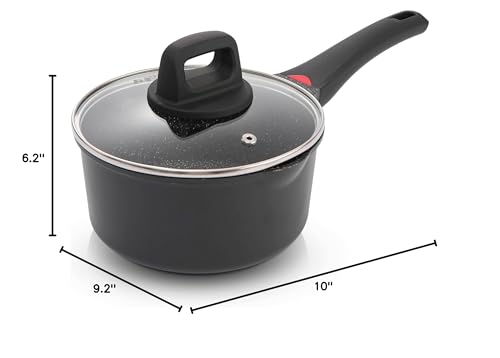 1.3 Quart Sauce Pan with Glass Lid - 6.2 Inch, Non-Stick Ceramic Coating, Induction Compatible, Even Heating - Easy Clean, Non-Toxic, Soft Cool Handle by Cainfy